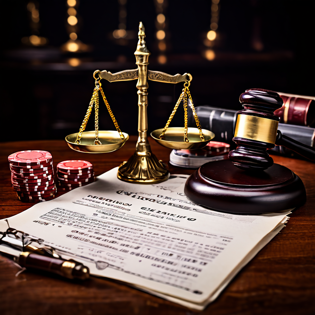 무효로 판명된 카지노 솔루션 라이선스 문서가 법정의 상징인 법망과 저울 옆에 놓여 있어 허가 절차의 위반과 법적 제재를 암시합니다.