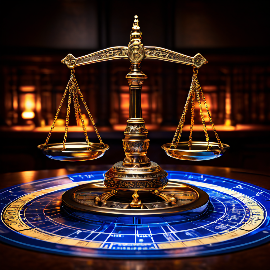 도박 기술과 법적 책임의 교차점을 상징적으로 표현한 룰렛 휠과 정의의 천칭이 기술 청사진 및 법률 문서와 함께 중첩되어 있는 개념도 이미지입니다.