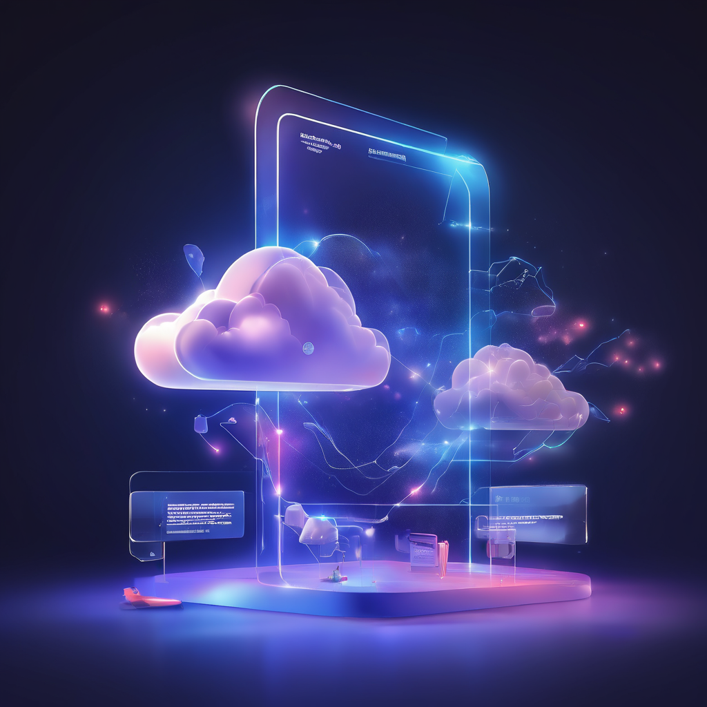 Futuristic digital service platform with visible status layers and cloud data flow.