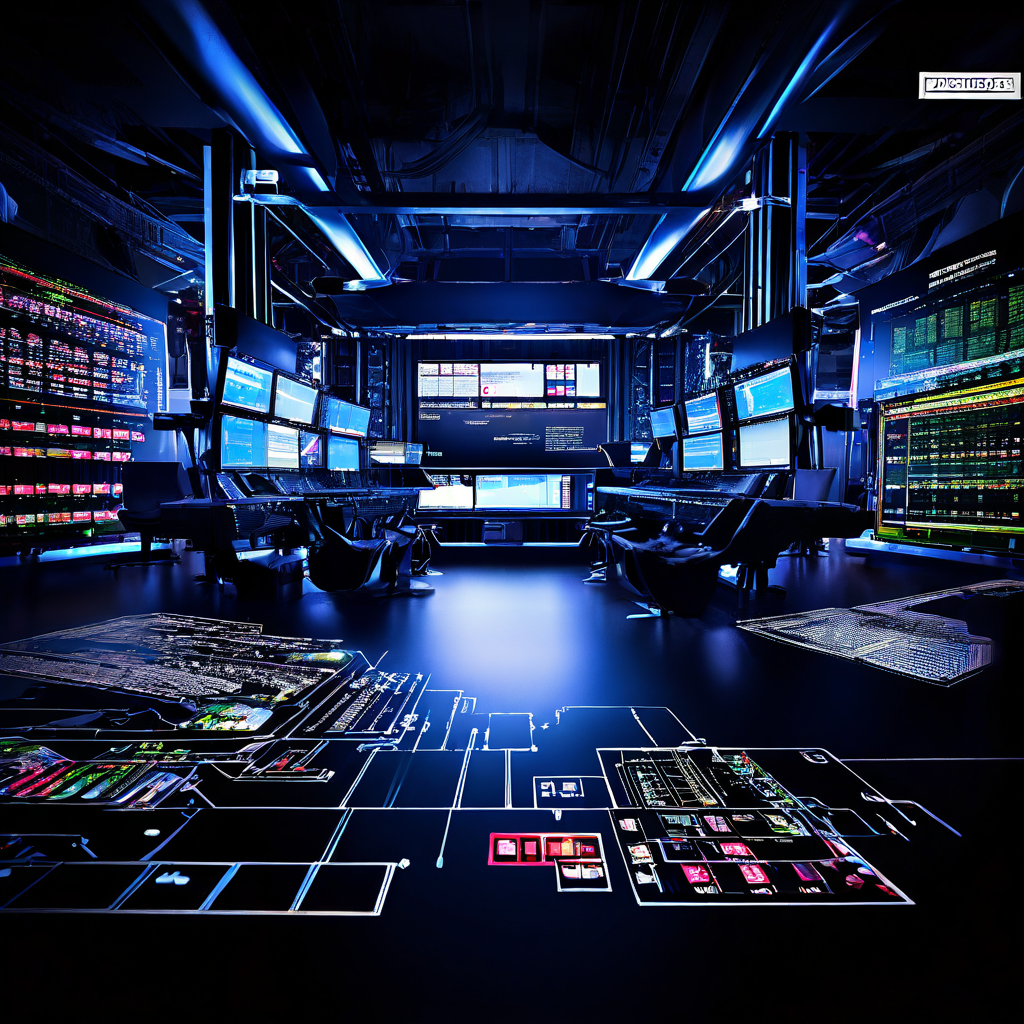 A documentary editorial photograph of a professional monitoring desk in a dimly lit data center, showing a blurred server rack wit