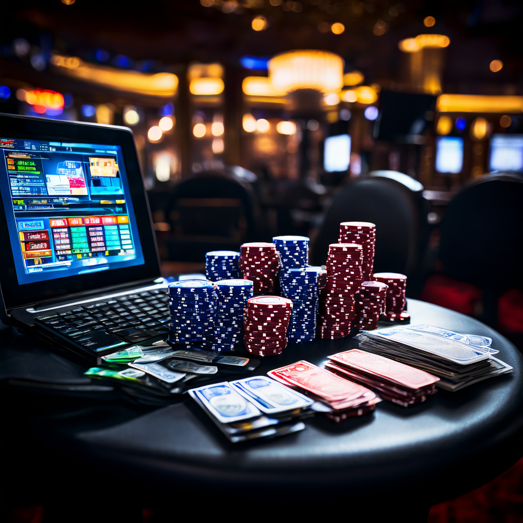 Operators monitoring an integrated casino wallet dashboard with a blurred laptop screen and scattered poker chips on a green felt