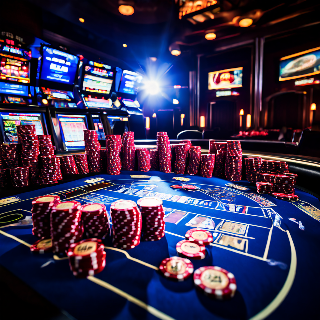 A high-angle documentary photograph capturing a dealer's hands placing chips on a green felt casino table, with a blurred laptop s
