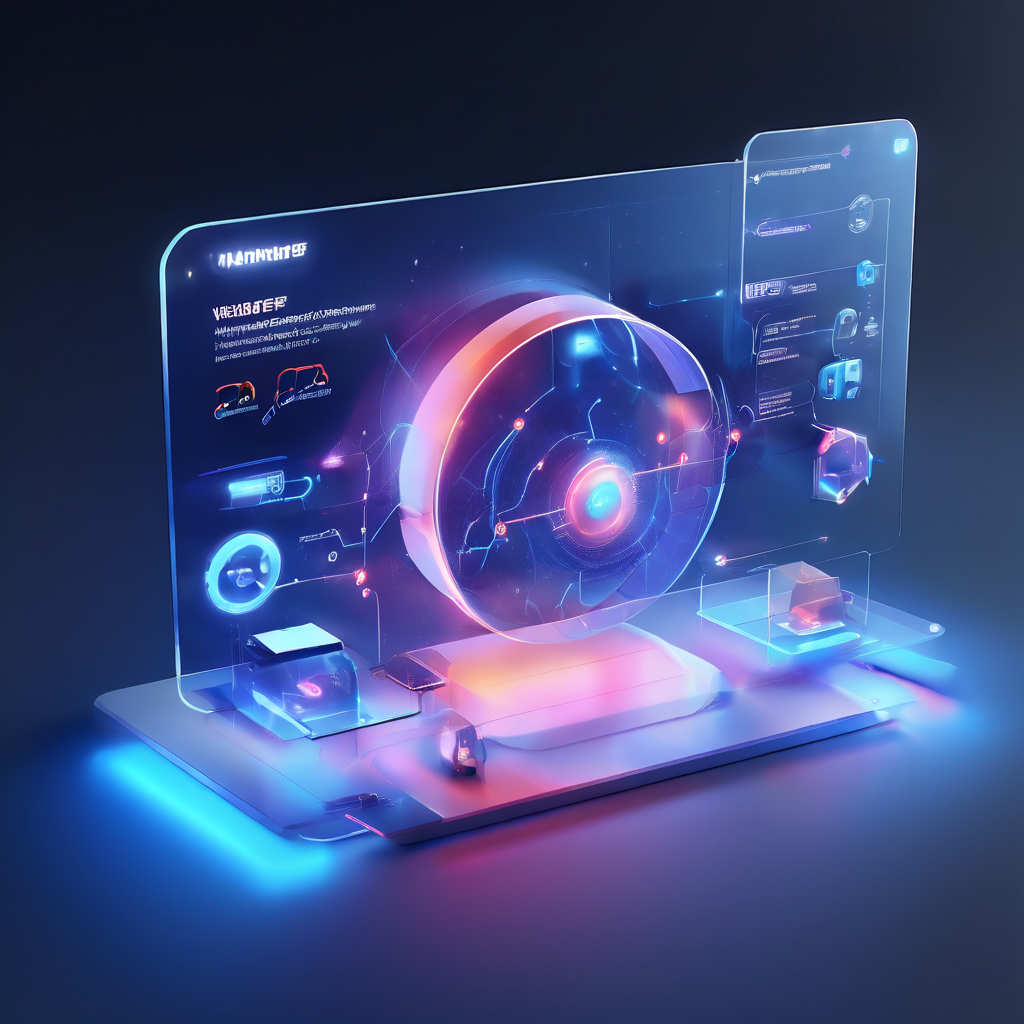 Operator monitoring mood in a premium digital service interface with abstract light panels and secure cloud data flow.