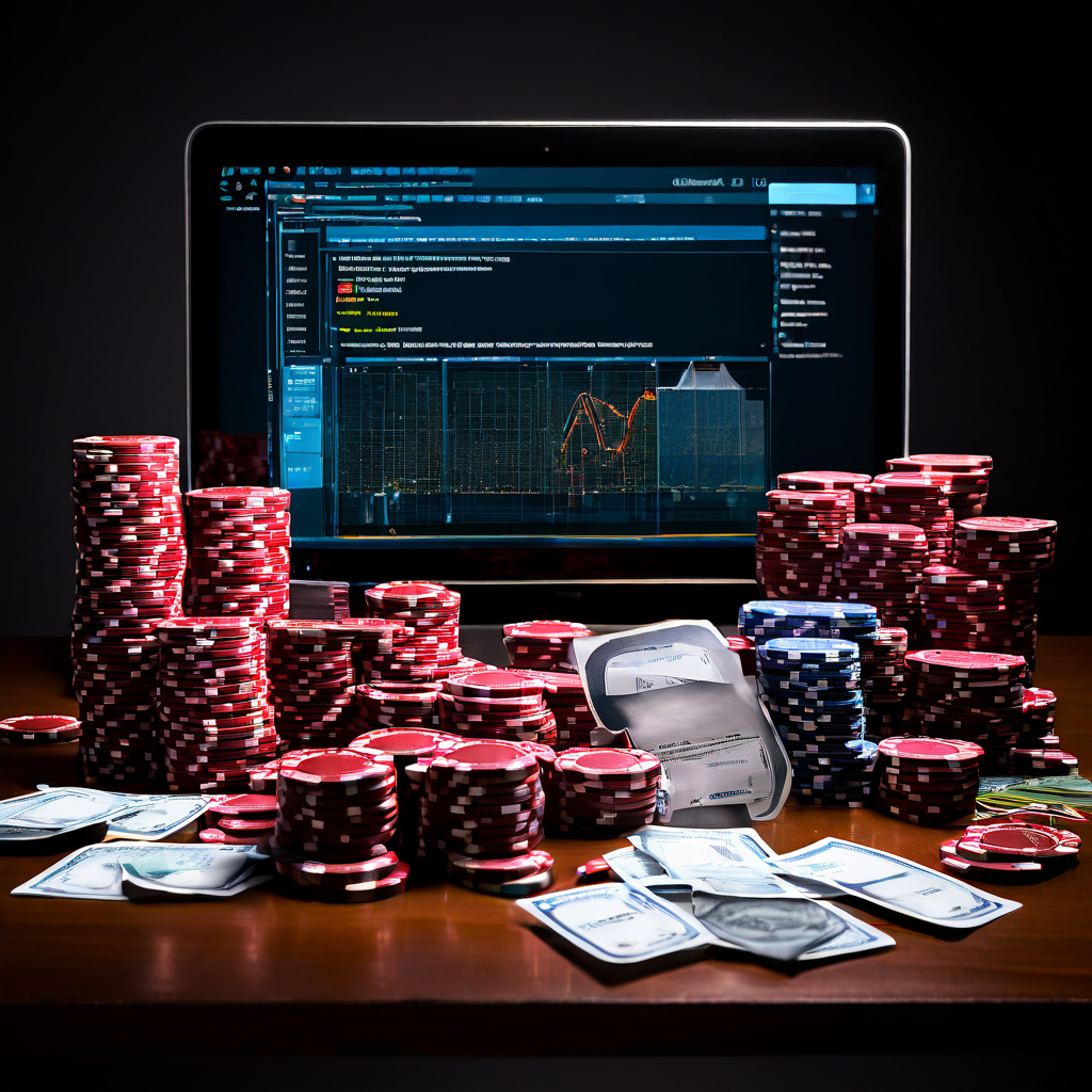 A professional overhead shot of a green baccarat felt table with scattered playing cards, a single chip, and a blurred laptop with