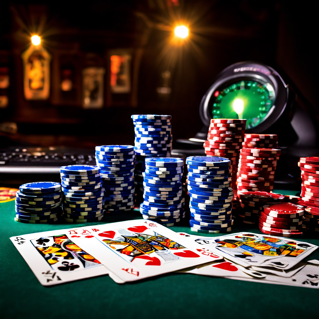 A professional poker player sits at a green felt table, carefully examining a laptop screen while a blurred dealer hand places chi