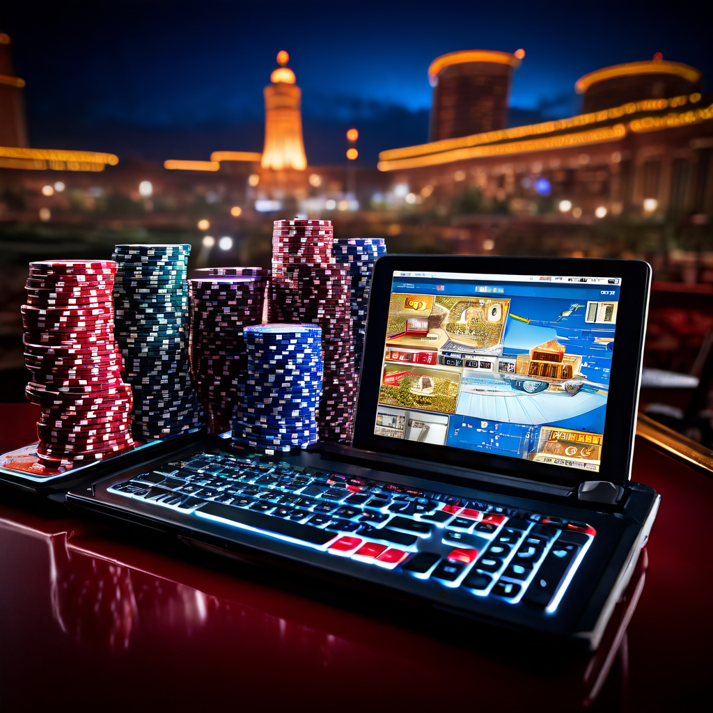 Casino table with scattered chips and playing cards beside a laptop with a blurred blank screen in a dimly lit monitoring room wit