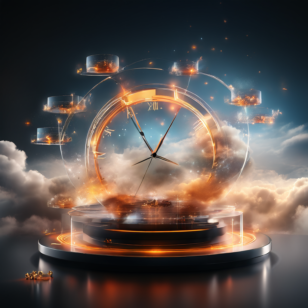 Abstract digital service layers showing a cloud and data flow system representing the timing of natural win announcements in a...