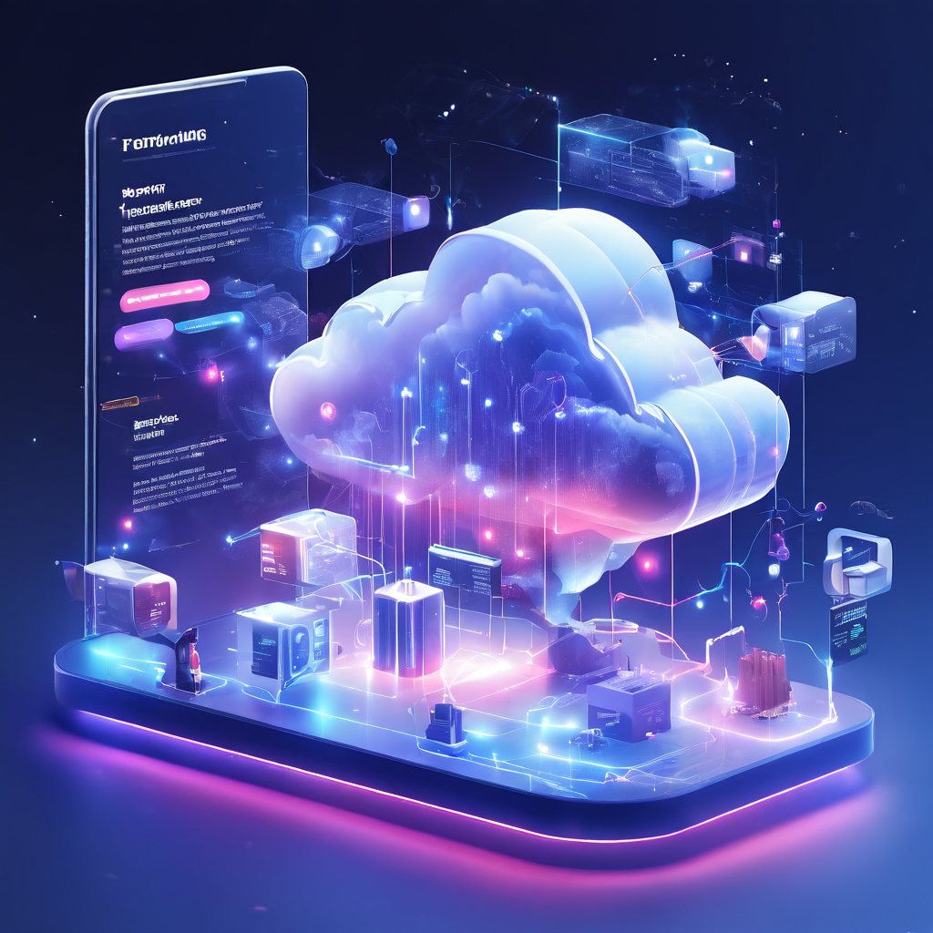 Category split and search path interface on a premium futuristic mobile platform with connected cloud and data layers.