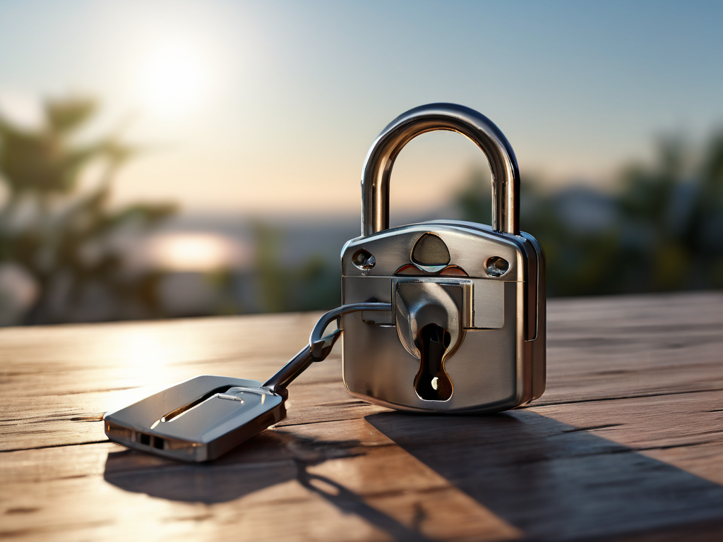 Closed metal lock, key case, and security card on brushed metal surface, morning light, shallow depth of field.