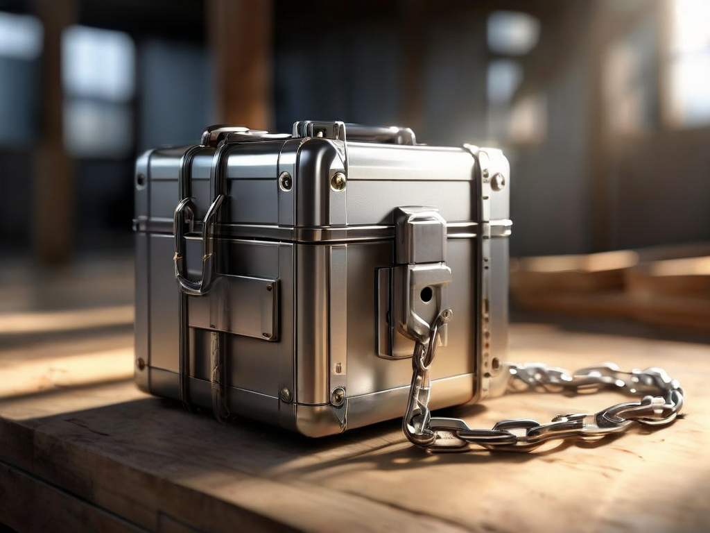 A sealed metal case with a short chain and small blocks representing file locations, symbolizing organized link cleanup.