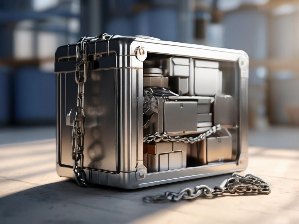 Sealed storage case with metal chain and small blocks on brushed metal surface, angled daylight.