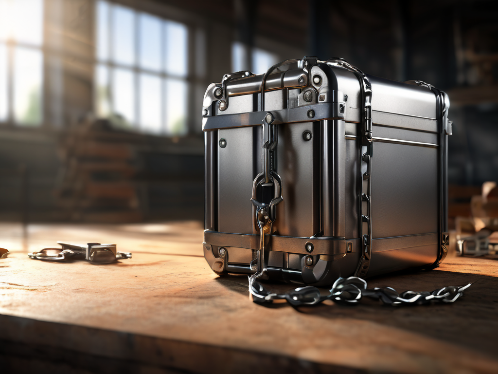 Small metal chain linking a sealed case and blank blocks on brushed metal, morning light.