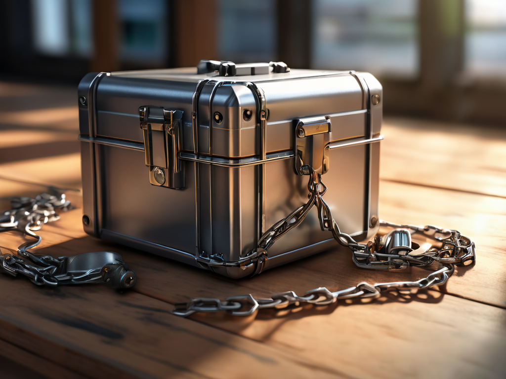 A sealed metal case with a short chain, beside scattered blocks representing fragmented file locations on a brushed metal surface.