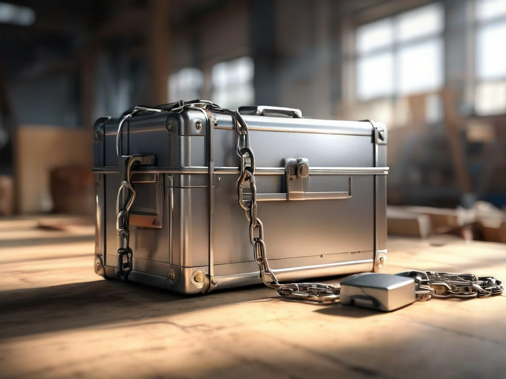 A sealed metal case on a brushed surface, a short chain, and scattered small blocks representing linked file locations.